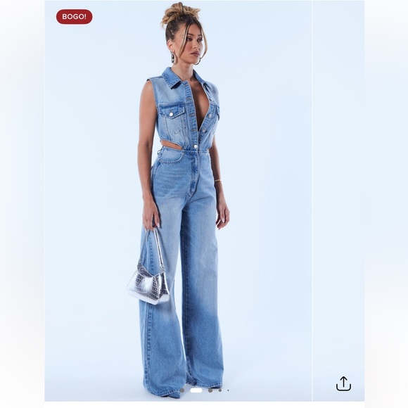 Fashion Nova Baylin Cutout Denim Jumpsuit – Size L – NWT - Picture 2 of 13
